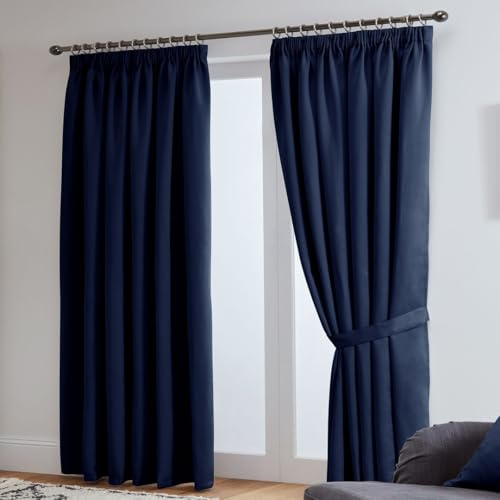 John Aird Blackout Curtains Pencil Pleat with Tie Backs (Navy, W 66 x L 84 (2 Panels) Thermal Energy Saving Curtains for Bedroom & Living Room