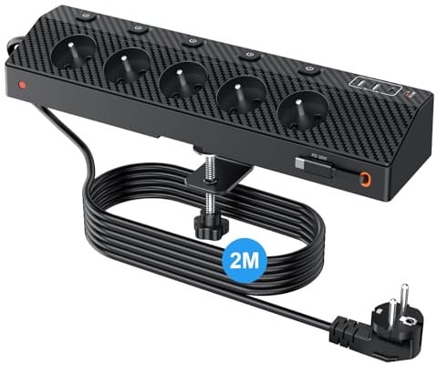 PASSUS Multiprise avec USB-C 30W, Prise Française de Table, Câble 2M, Noir | 5 Prises Secteur et 5 USB, 4000W avec Interrupteurs Individuels, Parafoudre et Surtension, Mult Prise pour Maison et Bureau