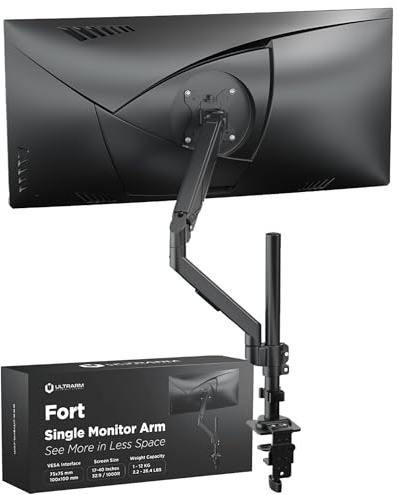ULTRARM Extra-Tall Heavy-Duty Monitor Arm Mount for 40 Ultrawide Monitors | 33.4 Max Height, 26.4 lb VESA Capacity, C-Clamp & Grommet Mount, Height Adjustable, Long-Reach Ergonomic Arm, Black, MA12P-S