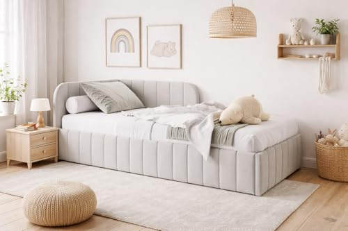 MOEBELPAKET.de Bett Mario 100x200 cm, Metallrahmen, Oeko-Tex, Beige, Links | Betten Mario, Polsterbett, Jugendbett mit Bettkasten, Eleganter Riviera-Stoff