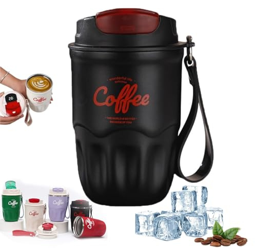 HIDRUO Coffee Vacuum Flask, Portable Coffee Cup with Lid & Handle, Insulated Travel Coffee Mug, Flip Cap Sip Spout and Ribbed Grip Details, Insulated Travel Drinkware, Travel Outdoor Mugs(Black)