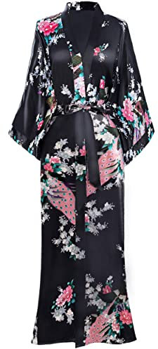 BABEYOND Kimono Robe de Nuit Femme Robe de Chambre Longue Robe de Nuit Peacock Kimono Long Chemise de Nuit Kimono 53/135cm(Noir)