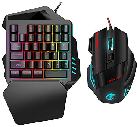 One Handed Gaming Mouse Keyboard Kit, USB Wired LED Backlight Ergonomics Keyboard Adajustable DPI Mouse for Windows for Android for OS X