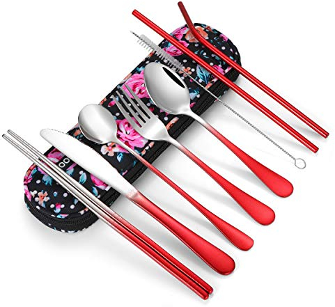 Travel Utensils,Reusable Silverware Set To Go Portable Cutlery Set with a Waterproof Carrying Case for Lunch Boxes Workplace Camping Picnic (GraRed)