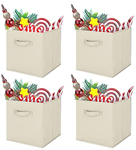 Holdfiturn 4 Pcs Cube Storage Box 27x27x28cm Collapsible Storage Cubes Foldable Fabric Storage Bins with Handles Tidy Clothes Organizer Open-Top Toys Box for Closet Shelves Drawer Bedroom (Beige)
