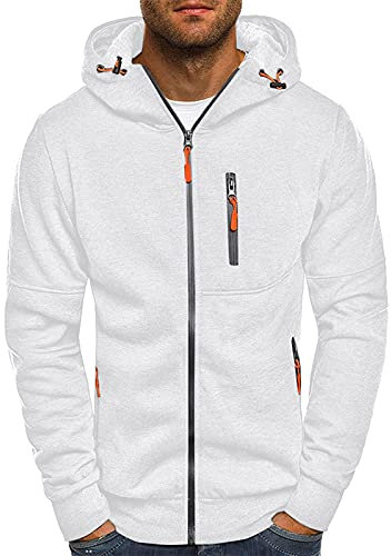 VANVENE Men's Hoodie Sweatshirt Work Jackets Lightweight Long Sleeve Zipped Hoodie Jumper Tops Sweater Cardigan White, XXL