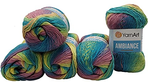 Yarnart 5 x 100 g Ambiance Strickwolle mehrfarbig mit Farbverlauf, 500 Gramm Strickgarn mit 20% Wolle-Anteil (türkis rosa grün gelb 162)