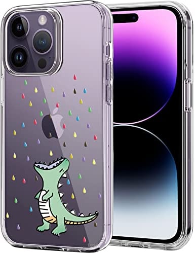 Unov Case Compatible with iPhone 14 Pro Max Case Clear with Pattern Slim Protective Soft TPU Bumper Embossed Design 6.7 Inch (Rainbow Dinosaur)