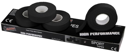 ALPIDEX 4 x Sport Tape 1.5 cm x 10 m Cinta Adhesiva Deportiva Dedo Negro Blanco Borde Serrado 100% Algodón, Color:Negro