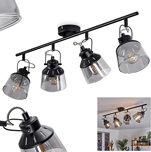 Deckenleuchte Safari, moderne Deckenlampe aus Metall/Glas in Schwarz/Rauchfarben, verstellbare Leuchte im Retro/Vintage-Design mit Schirmen aus Rauchglas (Ø 11 cm), 4 x E14, ohne Leuchtmittel