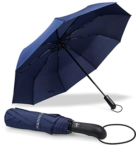 Hannstar Travel Umbrella Windproof Strong- Compact, Lightweight, Auto Opne/Close, Foldable, Portable - Wind Resistant, Small Folding Backpack Umbrella for Men and Women