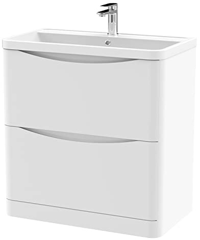 nuie LUN103 Lunar Modern Bathroom Floor Standing 2 Drawer Vanity Basin Unit with Polymarble Basin, 800mm, Satin White