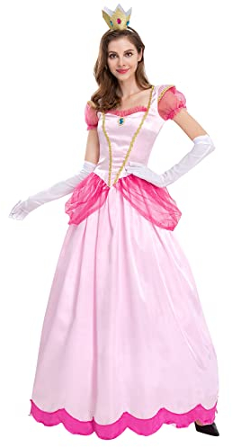 IBTOM CASTLE Peach kostüm Damen, Dornröschen Kostüm mädchen, Frauen Prinzessin pfirsich Kostüm, Prinzessin Peach Erwachsenenkostüm Kleid und Krone Fasching Karneval Verkleidung Partykleid Rosa M