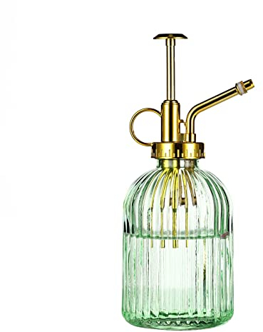 Aebor Glas-Pflanzen-Sprühflasche, 19,1 cm, grüne Glas-Wassersprühflasche mit goldfarbener Pumpe, kleine Gießkanne, kleiner Pflanzensprüher für drinnen und draußen, Haus (Grün + Gold E)