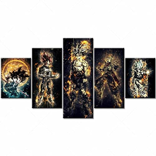 VEYEBZ 5 Stück Leinwandgemälde Wandkunst Super Saiyajin,Goku,Gohan,Vegeta Iv,Trunks Hd Bild 5 Teiliges Leinwand Drucke 200×100cm Mit Rahmen Modulare Wandmalerei Poster Zimmer Dekoration Geschenk