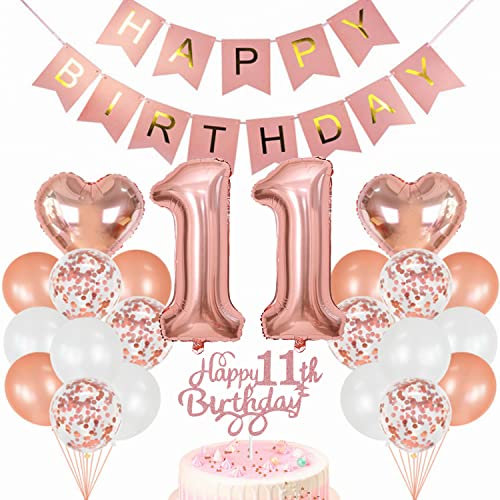 Conruich Geburtstagsdeko 11 Jahre Mädchen, Luftballon 11. Geburtstag Deko, Rosegold Tortendeko Geburtstag 11. Mädchen, Ballon 11 Geburtstag Mädchen, Happy Birthday Banner Deko 11 Geburtstag Mädchen