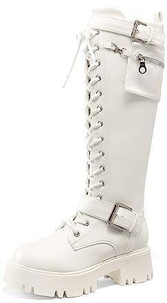 DREAM PAIRS Women's Knee-High Boots, Comfortable Chunky Block Heel Pointed Toe Pull On Side Zipper Suede Slouch Riding Boots,Size 5.5,White,SDKB2304W