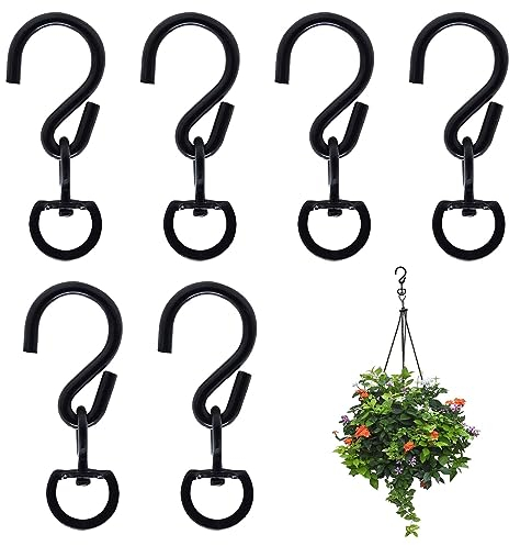 JaneYi 6 Pieces 360° Swivel S Hook Hanging Basket Heavy Duty Swivel Hooks Metal Rotating Hanging Buckle Hook Easy Turn Flower Pot for Garden Plant Basket Wind Chime Bird Feeder - Black