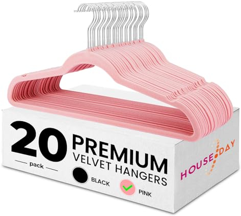 HOUSE DAY Confezione da 20 grucce in velluto, salvaspazio, per adulti (44,5 cm), antiscivolo, con gancio girevole a 360°, resistenti, ad alta capacità di carico per gonne, camicie e pantaloni (rosa)