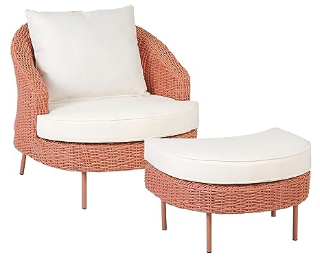 Beliani PE Rattan Gartensessel mit Fußhocker Korbgeflecht Pfirsich Rosa Arcille