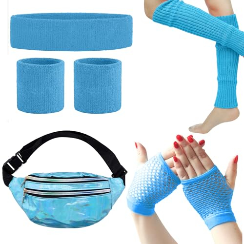 SPOKKI 80er Jahre Outfit Damen Set, Aerobic Outfit, Laser Gürtel Tasche, Blau Armband Stirnband Leggings Netzhandschuhe, Neon Kleidung Accessoires (8er-Pack, Blau)
