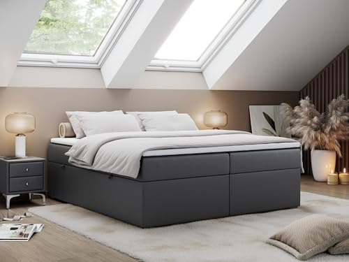 MKS MEBLE Boxspringbett 180x200 ohne Kopfteil mit Bettkasten, Polsterbett 180x200 niedriges Kopfteil - Bess - Dunkelgrau Kunstleder - H4