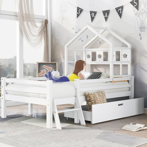 buiesjole Hausbett 90x200cm Mit Leiter Und Schubladen Stauraum Hochbett Mit Rausfallschutz Und Lattenrost Kinderbett Massivholz Jugendbett Für Kinder Jugendliche Holzbett Weiß