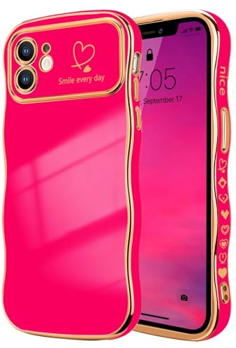 LCHULLE for iPhone 11 Case for Women Girls,Cute Curly Wave Frame Shape Love Heart Pattern Phone Case,Raised Camera Protection Luxury Plating Shockproof Cover for iPhone 11 6.1,Hot Pink