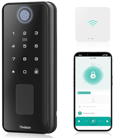 Tilvision WiFi Smart Door Lock,Keyless Entry Deadbolt with App Control, Gateway, Touchscreen Keypad - Auto Lock & IP65 Waterproof - Fingerprint Door Lock for Front Door,Home,Office