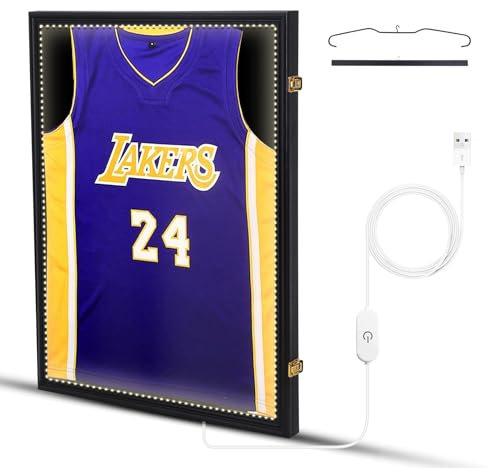 CDEN Trikot-Präsentationsrahmen mit LED-Lichtern, große Sport-Trikot-Schattenbox, 60,2 x 80,3 cm, 98 % UV-Schutz, Acryl und Aufhänger für Hemd und Uniform (1 Stück), CD-LEDJERSEYDIS-1PCK