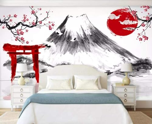 Naturempress Fototapete 3D Effekt Tapete Japan Berg Fuji Kirschblüte Tusche Und Lavierung Tapeten 3D Effekt Vliestapete Wohnzimmer Schlafzimmer Wandbilder Wanddeko