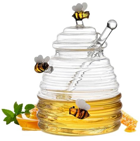 Pot à miel en verre, pot à miel avec une cuillère à miel, distributeur de miel transparent, récipient à miel de 400 ml, pot à miel en verre avec une cuillère et un couvercle