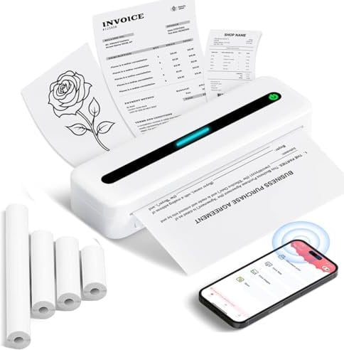 PokeLabel M832 Mobiler Drucker A4, Tragbarer Thermodrucker A4, 300 DPI, Schwarz-Weiß, Kompatibel mit Windows/macOS/iOS/Android, 1 Drucker + 4 Rollen Thermopapier