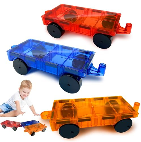 Magnet Bricks Truck, 3 Pcs Magnetic Tiles Expansion Car, Magnetic Construction Set, STEM Toys, Add-ons with Re-Enforced Hitch and Long Bed, for 3 4 5 6 7 8+ Year Old（Red, Blue and Yellow）