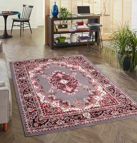 Lord of Rugs Lancashire Traditional Rug for Living Room, Bedroom, Hallways Lounge Classic Carpet Floral Bordered Medallion Oriental Rug Grey, Large 160x230 cm (5'3x7'7)