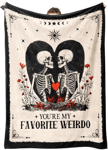 Anniversary Gothic Gifts for Him Her, Halloween Blanket 157*132cm | Birthday Gifts for Boyfriend Girlfriend Wife Husband, Wedding, I Love You Gifts for Him Her, Witchy Skeleton Couple Blanket