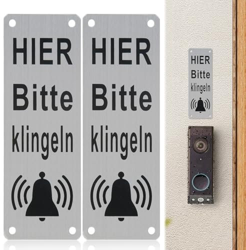 Klingelschild Hier Bitte Klingeln, 2 Stück Klingelschild Selbstklebend 15x5cm Ring Klingelschild Warten Schild Aluminiumoberfläche Türklingel Schild
