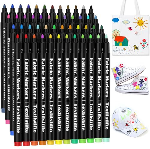 KERIFI 48 lápices textiles de color textil lavable a máquina rotuladores textiles rotuladores de tela colores lavables para camiseta bolsas de tela baberos bolsa de algodón para pintar, juego de