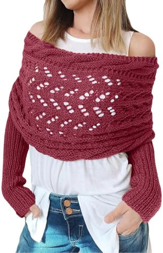 CCAIPU Schal mit Ärmeln für Damen, Winter Weiche Schals und Wraps mit Ärmeln, Gestrickte Kabel Wrap Hollow Verlängernde Doppel Ärmel Schal Schal (Rot)