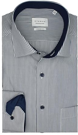 ETERNA Herren Langarm Hemd Comfort Fit | Streifen Dunkelblau| Bügelfrei, Knitterfrei, 100% Baumwolle | Kent-Kragen Gr. 45