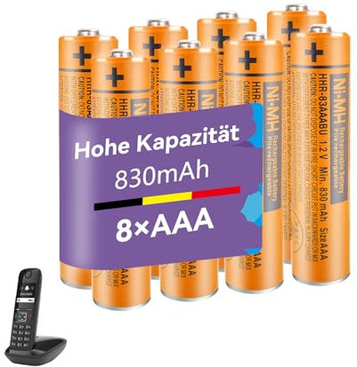 NI-MH Akku 830mAh (1.2V) für Schnurlos Telefone, HHR-83AAABU Wiederaufladbare Batterien AAA für Gigaset Mobilteile - 8 Stück