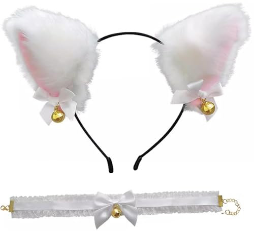 Zwenjuan Katzenohren Stirnband,Katze Ohr Stirnband Katzenohren Haarreif Cat Ears Halskette Katze Cosplay Set Kleid-Accessoires für Mädchen und Frauen,Party Cosplay Weiß