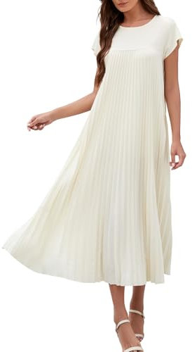 Adigaber Damen Langes Kleid Sommer Plissee Casual Rundhalsausschnitt Einzigartig Kleid mit Taschen