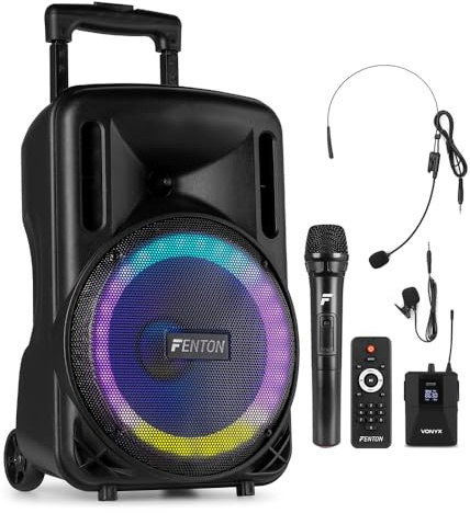 Fenton FT10LED MK2 10-Inch Portable Battery PA Speaker System with Wireless Microphones, Bluetooth & MP3 Playback, Integrated Trolley & LED Light Effects for Performances & Events