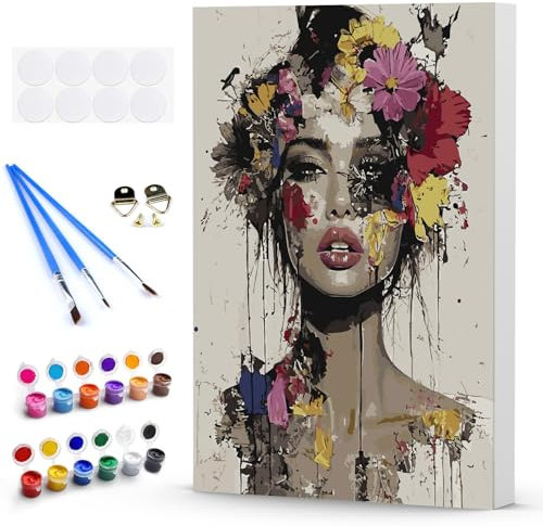 DAERLE Peinture par Numero Adulte Femme séduisante avec des fleurs, DIY Peinture à l'huile par Numéros sur Toile Artisanat avec Pinceaux et pigment, Decoration Maison Cadeau 30x40cm encadré