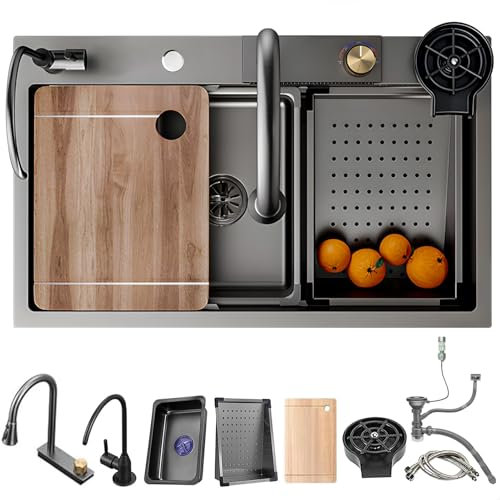 Lavello Da Cucina Per Ufficio, Con Rubinetto A Cascata, Set Singolo In Acciaio Inox, Nero E Grigio, Per Uso Domestico, Idropulitrice, Tagliere, Scolapiatti E Accessori(Black GreyA,85x50cm)