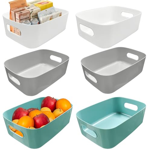 QQdou Plastic Storage Boxes Small with Handl, 6PCS Cupboard Containers, Gray, White, Blue, Rectangle, 8.2×5.5×2.7 Inch, Organisation Baskets for Shelves, Kitchen, Office, Fridge, Bathroom and Home