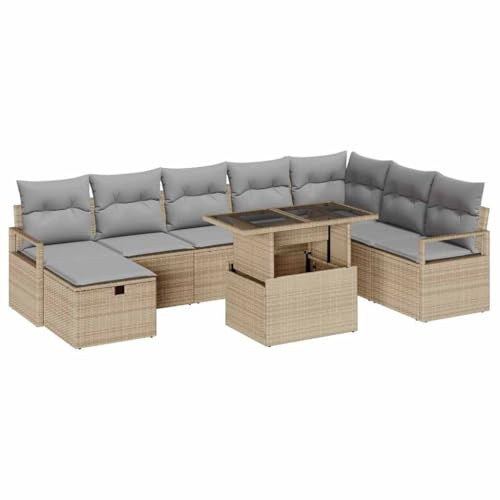 vidaXL Garten-Sofa-Set mit Kissen mit Speicher 9 pcs Beige Poly Rattan, Garten und Terrasse, modernes Gartenmöbel-Set, modulare Lounge, verstellbare Füße, wetterfester Sofa