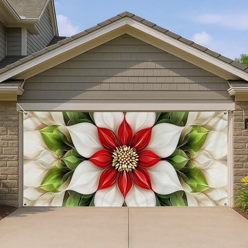 Cubierta floral para puerta de garaje, decoración de puerta de garaje grande con flores rojas y blancas, decoración de fondo de fiesta de temporada para interiores y exteriores, 157 x 71 pulgadas