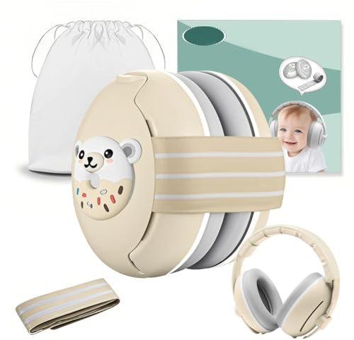 Robofun 2-in-1 Gehörschutz Baby Kopfhörer, Neugeboren Ohrenschützer mit Geräuschunterdrückung & Verstellbares Kopfband, Baby Kopfhörer Lärmschutz für Babys bis 48 Monate - Beige